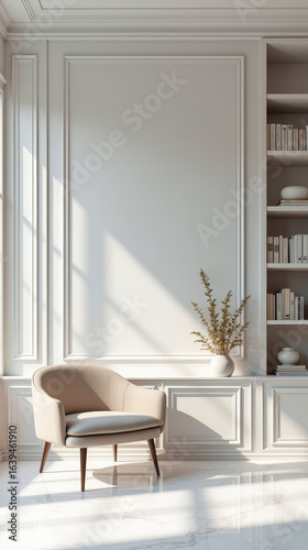 Large empty molding frame on light wall, armchair, dried flowers, bookshelf, organic modern aesthetic in bright minimalist room