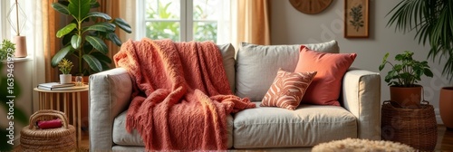 Cozy living room with orange accents and light gray sofa in sunlit space
