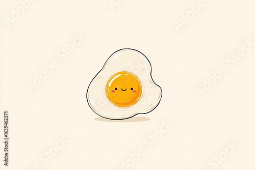 Fried egg with smiling face on light background. Cute cartoon style vector illustration with copy space. Breakfast and food concept for design and print