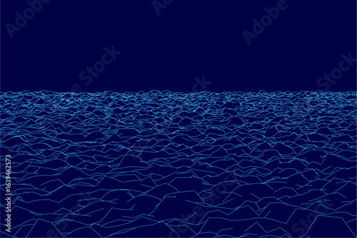 Deep blue abstract background features crisp white lines forming a dynamic contour pattern. The rich hue contrasts sharply with the geometric noise design, creating visual depth.