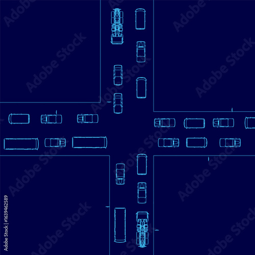 Aerial blueprint of a parking lot with cars arranged in a uniform grid pattern, all facing the same direction. The road contours outline the parking spaces. Top view