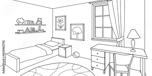 Children room graphic black white home interior sketch illustration vector 