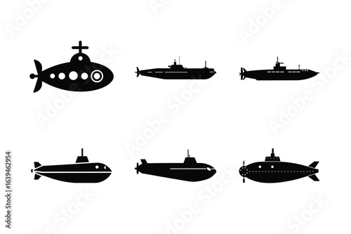 Submarines underwater naval vessels marine vector silhouette on white background
