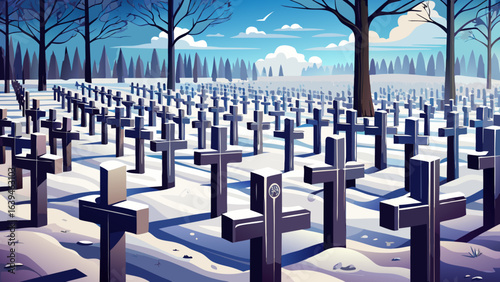 Snow-covered war cemetery with a cross at a winter graveyard, silent rows of headstones beneath pale sky, shadows stretching gently over white ground in solemn, peaceful remembrance.