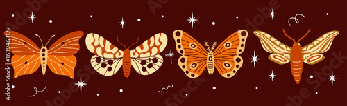 Hand drawn butterfly vector illustrations set cartoon retro groovy funky boho style. Collection of various autumn colorful exotic tropical insects, moths sticker design elements, halloween aesthetic