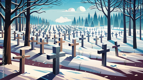 Snow-covered war cemetery with a cross at a winter graveyard, silent rows of headstones beneath pale sky, shadows stretching gently over white ground in solemn, peaceful remembrance.