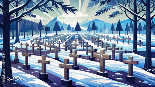 Snow-covered war cemetery with a cross at a winter graveyard, silent rows of headstones beneath pale sky, shadows stretching gently over white ground in solemn, peaceful remembrance.