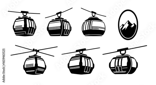 Collection of distinct black and white silhouette icons representing modern and classic cable car gondolas isolated on transparent background