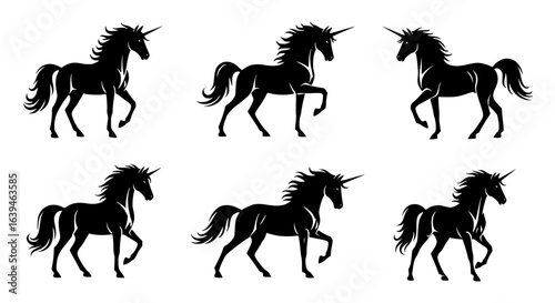 Collection of  majestic unicorn silhouettes in dynamic poses showing their graceful movement isolated on transparent background silhouette