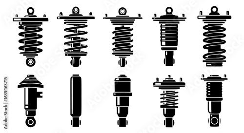 Collection of distinct automotive shock absorber and strut assemblies depicted as black silhouettes isolated on transparent background