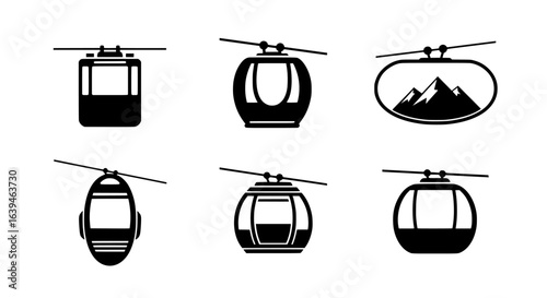 Collection of distinct black and white silhouette icons representing modern and classic cable car gondolas isolated on transparent background