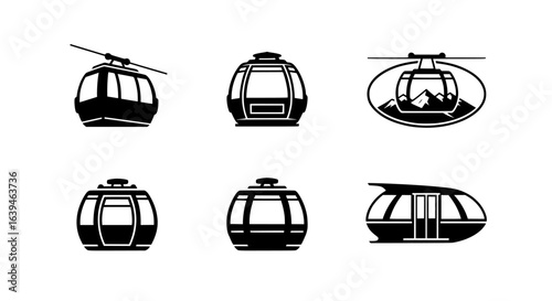 Collection of distinct black and white silhouette icons representing modern and classic cable car gondolas isolated on transparent background