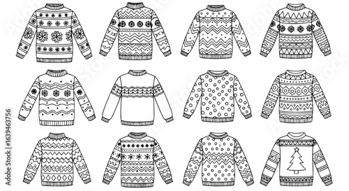Collection of nine black and white line art illustrations of festive christmas sweaters with various patterns and designs isolated on transparent background silhouette