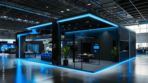 Modern exhibition booth with sleek black walls and vibrant blue LED lighting in an indoor trade show space