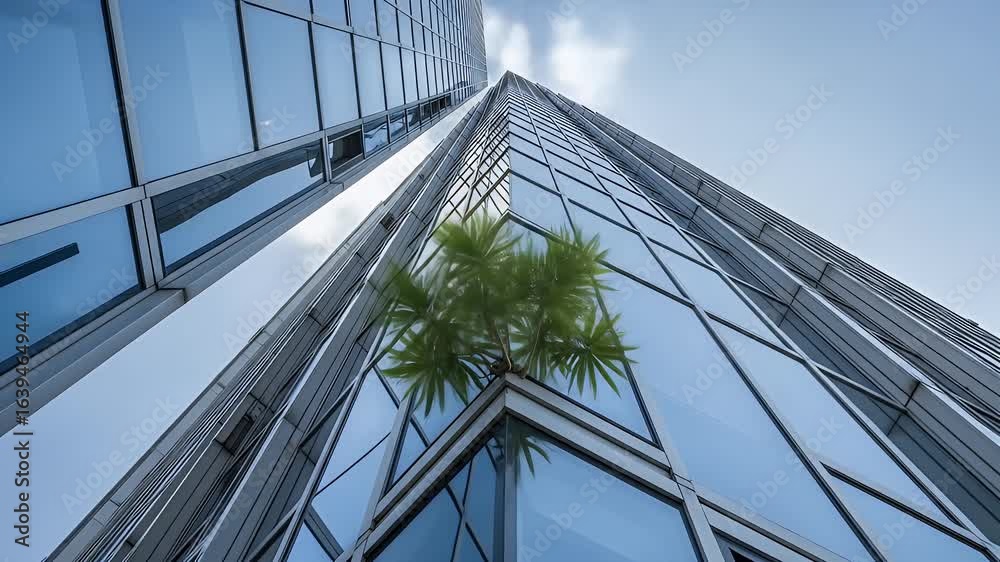 Reflection of a palm plant on a modern glass skyscraper Reflection of a palm plant on a modern glass skyscraper