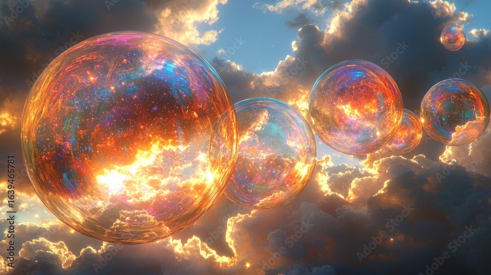 Naklejka premium Floating spheres in a cloudy sky