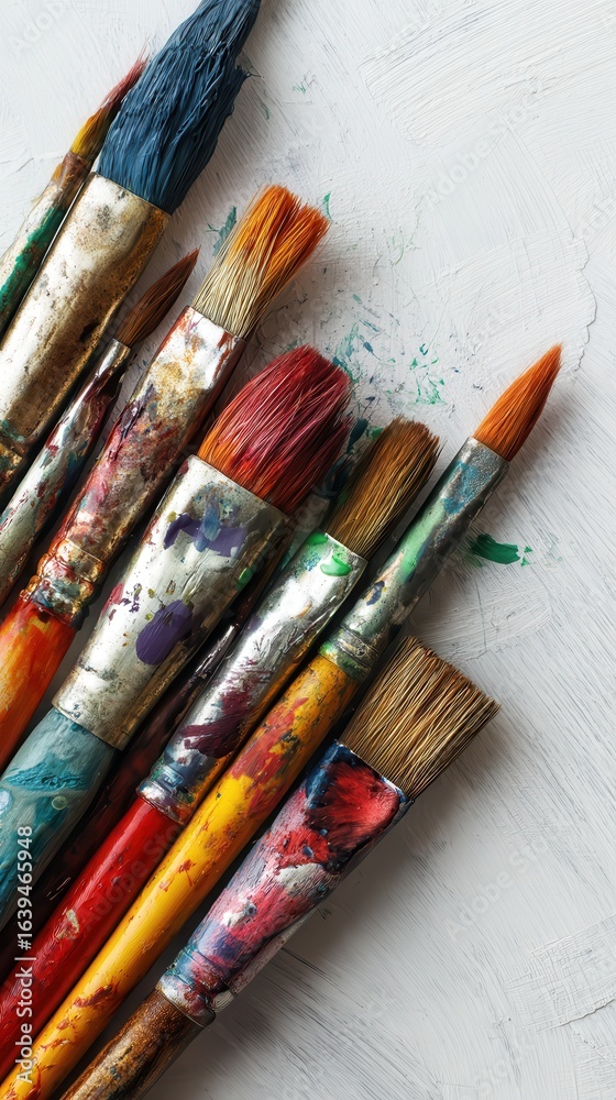 Fototapeta premium Multicolored paintbrushes resting on white textured canvas, bearing vibrant paint stains representing artistic passion and creative energy