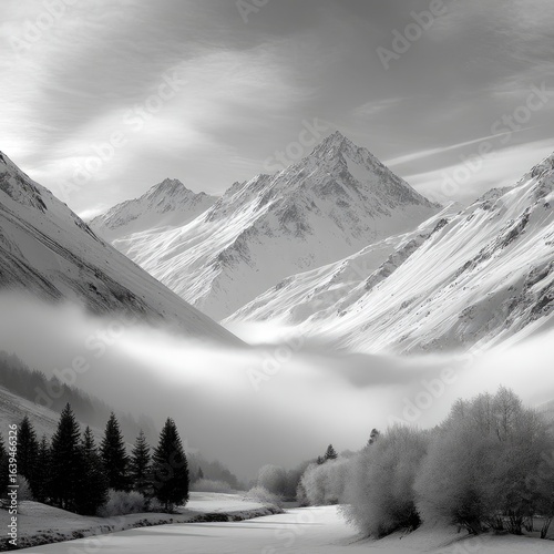 Distant Snowy Mountain Peaks Emerging Through Foggy Valley