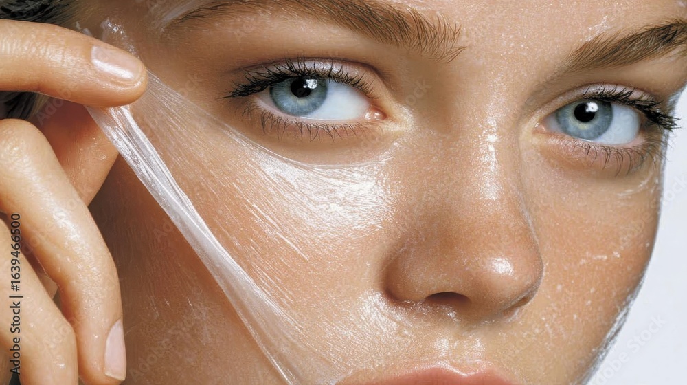 Fototapeta premium Close up of woman removing cosmetic mask, uncovering fresh, luminous complexion while emphasizing skincare importance for healthy, glowing appearance
