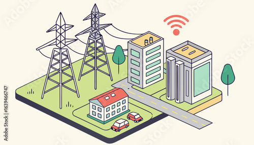 Overhead power line concept. Transmission of electricity and energy from power plants to city. Modern technologies and innovations. Template, layout and mock up. Cartoon isometric vector illustration 