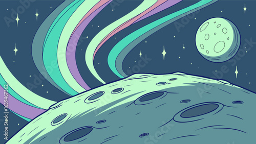 Explore moon surface with aurora borealis cartoon illustration space adventure and celestial bodies art design