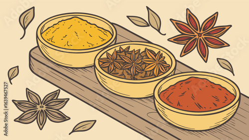 Illustration of culinary spices turmeric star anise and paprika for cooking and flavor enhancement needs