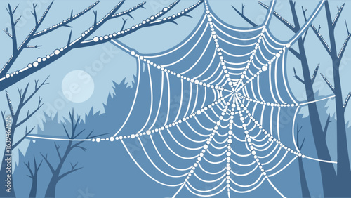 Spiderweb in the woods vector illustration for halloween and autumn season background graphic design with moon light