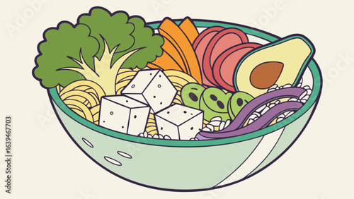 Delicious poke bowl with fresh avocado tofu and vegetables healthy eating and balanced diet concept illustration