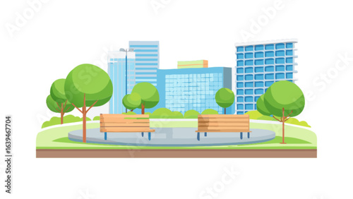 City park illustration with benches trees and buildings urban landscape recreation area for relaxation and leisure