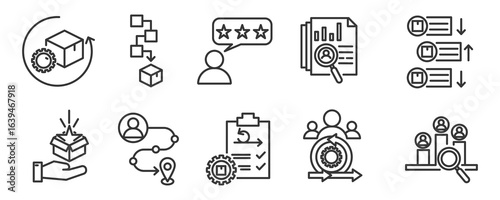 icon pack of product management in creative outline vector style for agile methodology roadmap backlog user journey market research and feature prioritization for business industry