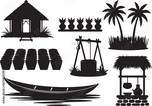 Collection of tropical village elements depicted in a distinctive silhouette style