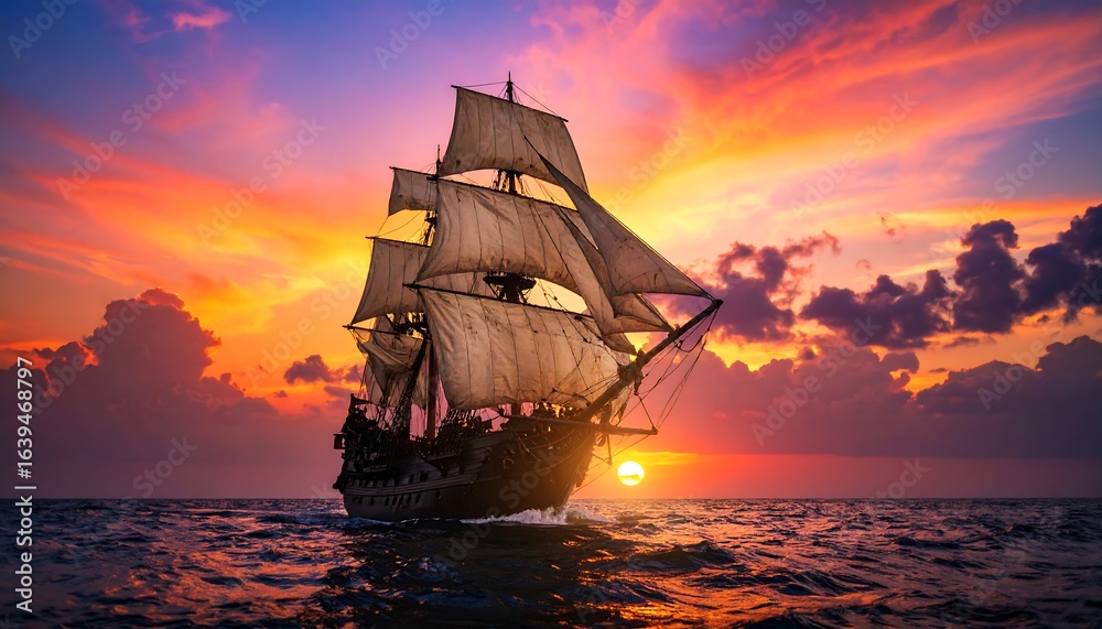 Obraz premium A sailing ship at sunset.