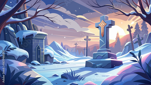 Semi-realistic vector scene captures frosty air, soft sunlight touching snow, honoring sacrifice with quiet dignity, a timeless winter tribute where history rests beneath a blanket of serene purity.