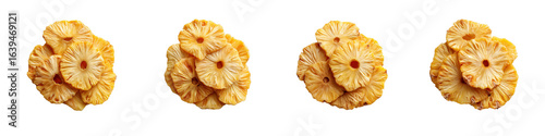 Four piles of golden dried pineapple slices Healthy tropical fruit snack arranged on a dark background isolate