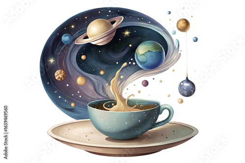 Circular composition of a teacup pouring a stream of stars and planets into space, no background.