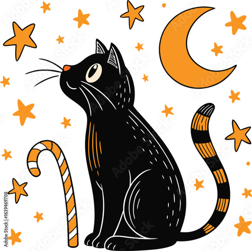 Black Cat Sitting on Crescent Moon with Stars Spooky Halloween Vector Illustration