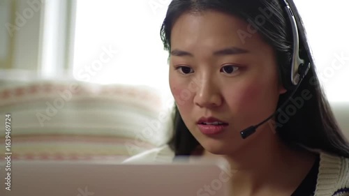 Focused young Asian woman with a headset concentrating on her laptop screen during an online meeting or customer service call.