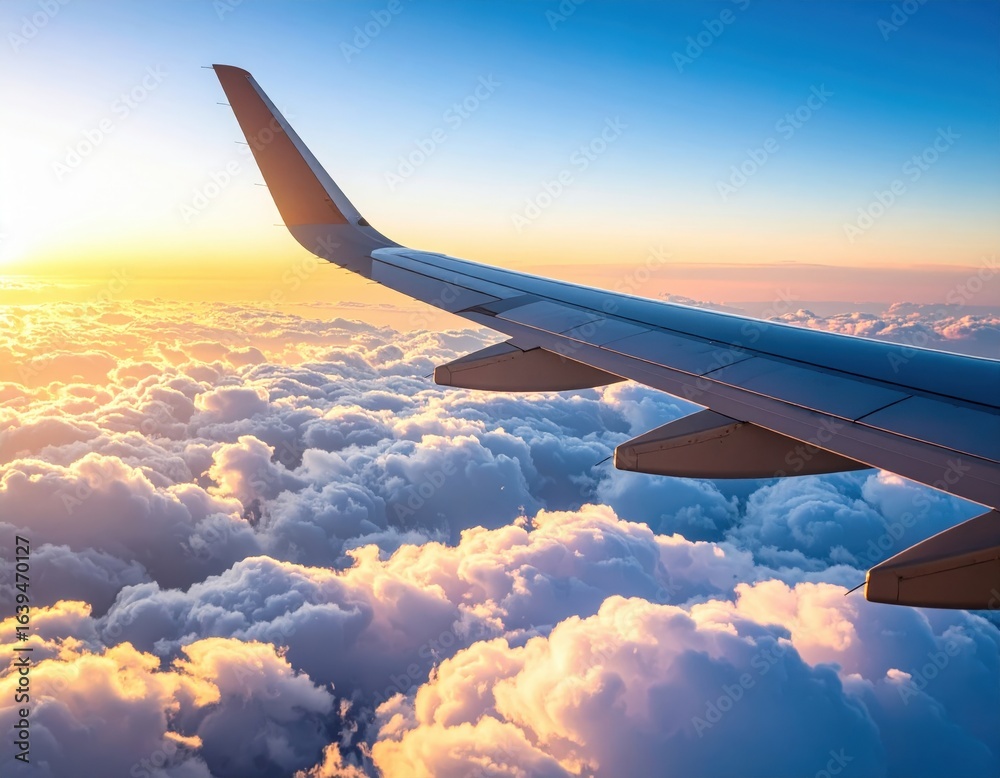 Obraz premium Airplane Wing Over Fluffy Clouds At Sunset
