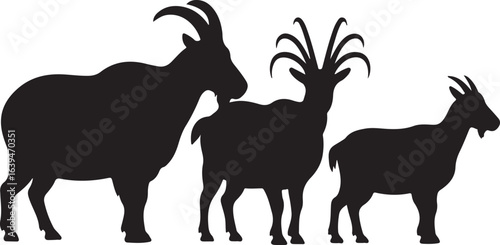Three black goat silhouettes of different sizes on a white background goats animal