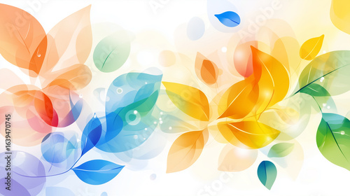 Eine bunte Blätterranke verläuft quer über das Bild, bunte Farben im Regenbogenverlauf vor weißem Hintergrund, florale Illustration