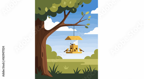 Colorful Illustration of Birds Gathering at a Yellow Bird Feeder