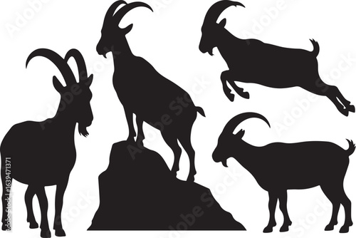 Five black silhouettes of goats, one standing on a rock, one jumping animal mammal