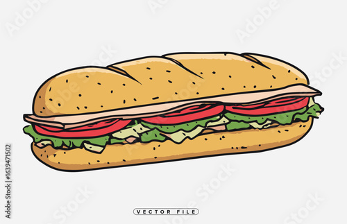 Cartoon illustration of a sandwich with ham tomato and lettuce on white background