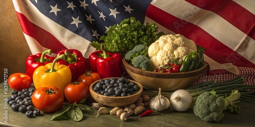 Fototapeta Naklejka Na Ścianę i Meble -  Fresh vegetables and fruits arranged with an american flag in the background