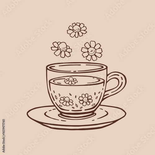 Cup of tea with healthy tea, chamomile. Hand drawn vector illustration in outline style.