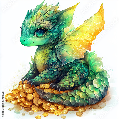 Aquarell-Zeichnung eines niedlichen Drachen mit gelben Flügeln und langem Schwanz, der auf einem Berg Goldmünzen sitzt, Illustration vor weißem Hintergrund