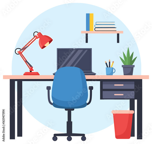 Workspace vector illustration in a clean flat style featuring a laptop red desk lamp blue chair drawer unit books plant and stationery ideal for office visuals remote work content