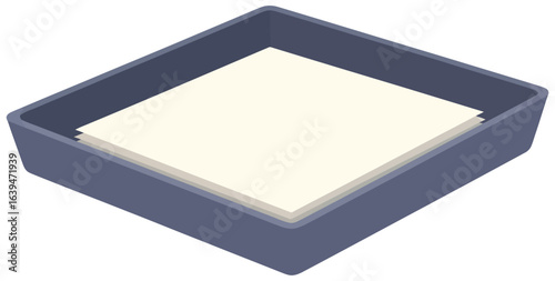 Inbox tray vector illustration in a clean flat cartoon style showing a dark document tray holding stacked sheets of paper ideal for office organization graphics productivity themes