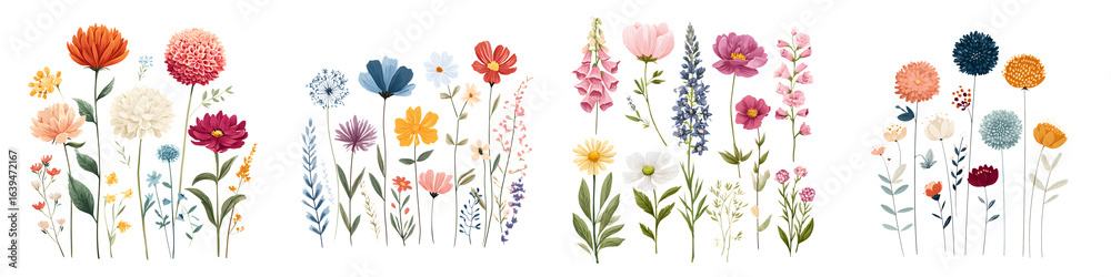 Fototapeta premium Wildflower Meadow Assortment: Colorful Botanical Arrangement on White