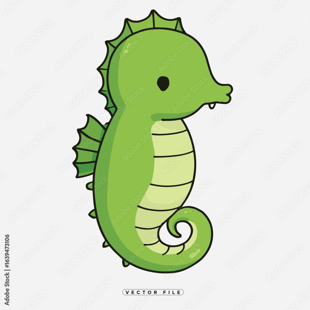 Fototapeta premium Cartoon green seahorse illustration with simple design and white background